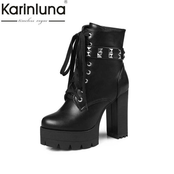 

boots rivets ankle button cross-strap zipper square heels round toe solid platform autumn and winter rubber sole big size 34-43, Black