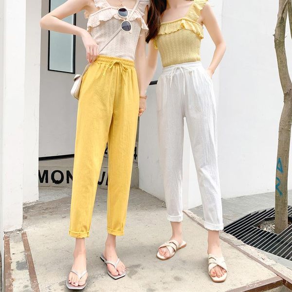 

casual pants women's loose straight tube 2020 new spring and autumn cotton and linen capri harem pants thin section1, Black;white