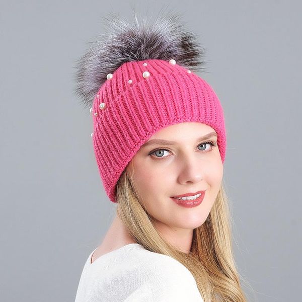 

beanie/skull caps hat women's autumn and winter thick pure color fur blended pearl knitted warm ear protection woolen cap, Blue;gray