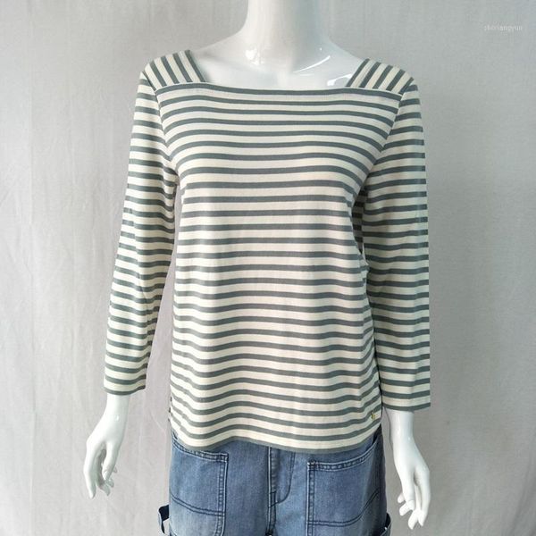 

women t-shirt 2020 spring new gray-blue striped square-neck long-sleeved t-shirt1, White