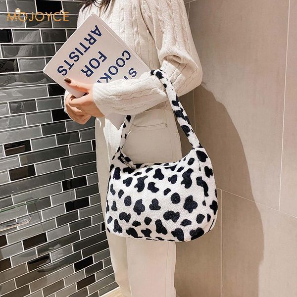 

fashion cow milk print handbag totes women plush travel shoulder underarm purse autumn winter portable handle bags h wmtmed