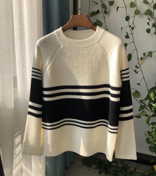 

women knit sweater stripes long sleeve o-neck casual wild lady pullover autumn winter, White;black