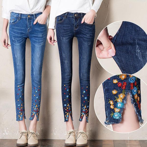 

women's jeans women high waist trousers vintage floral embroidery skinny blue denim pants casual slim split pencil