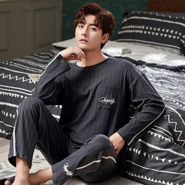 

plus size full cotton pyjamas men pijamas simple black long-sleeve casual sleepwear men homewear letter print pajamas for male, Black;brown