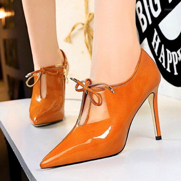 

bigtree lace up deep v cut women shoes party work patent leather pointed toe high heels pumps woman zipper thin short boots1, Black