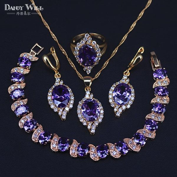 

gold wedding jewelry for women cubic zirconia purple jewelry set earrings/pendant/necklace/ring/bracelet for party, Silver