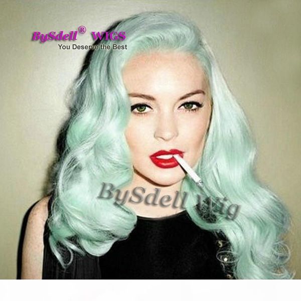 

lindsay lohan's pastel hair soft curl fashion mint green heat resistant hair synthetic lace front women wigs transparent, Black