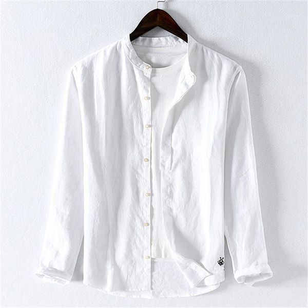 

autumn 2019 new stand collar long sleeve linen shirt leisure embroidery youth linen shirt 90351, White;black