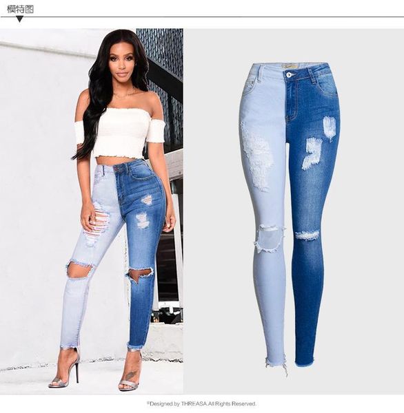 

women's jeans 1019 fashion casual blue woman cotton denim trousers mid waist slim ripped hole pencil pants cowboy femme