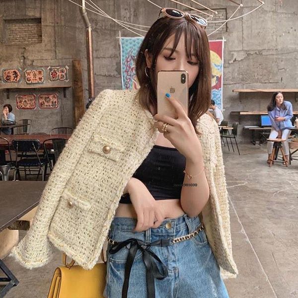 

small fragrance o neck patchwork jacket women korean tweed short coat femme elegant chaquetas mujer 2020 new autumn qt731, Black;brown