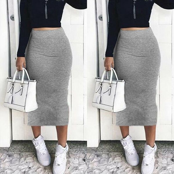 

new stretch bodycon skirt womens high waist mid calf midi fitted work office ladies skirts wraped hip black grey