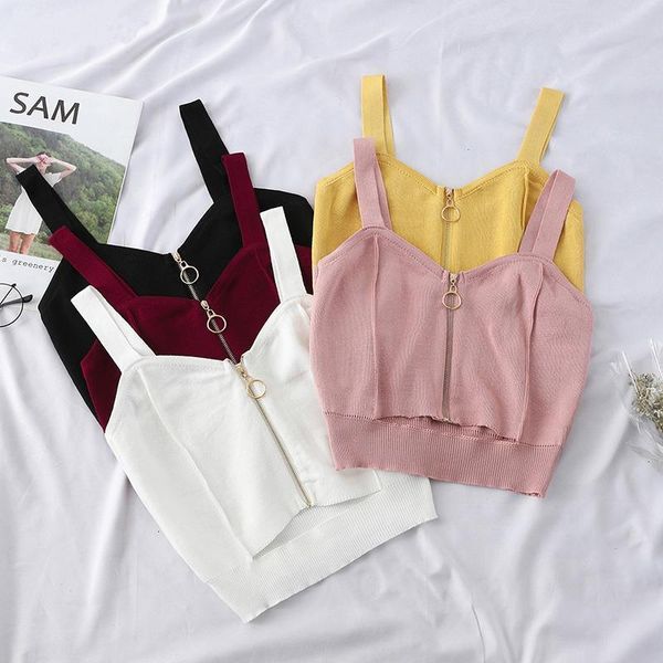 

женщины crop top club сексуальная молния вязание вязание camisole с отверстием женские танк вершины дамы без рукавов твердые простые вершины, White