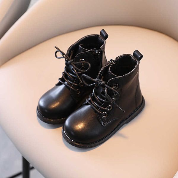 

korean version big round head boots middle and small children's british style boys' leather shoes high girls' martin, Black