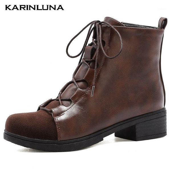

karin big size 44 new fashion women boots patchwork lace-up ankle round toe square heels autumn zipper women shoes1, Black