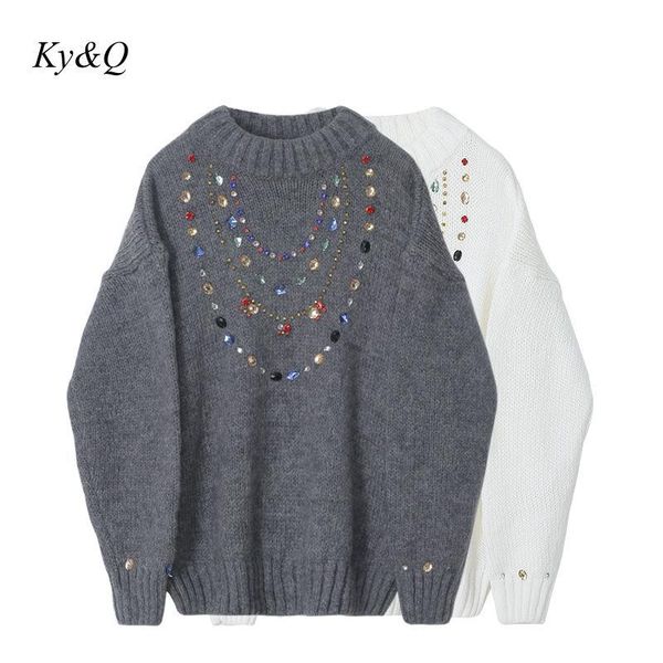

autumn winter new beading sweater new trend elegant luxury pullover women long sleeve loose comfortable soft knitted top, White;black