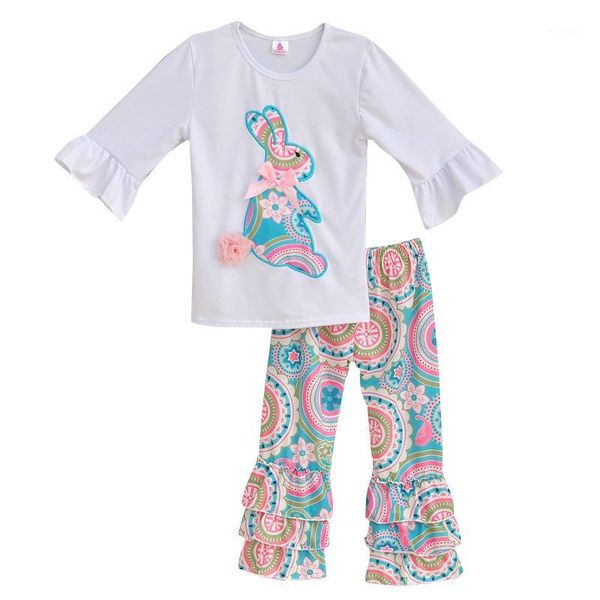 Conjuntos de roupas 2021 meninas primavera roupas conjunto top branco com coelho camisetas Colorido Vintage Ruffle Pant Kids Boutique Algodão Outfits E0011