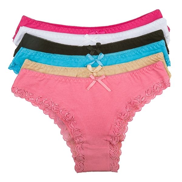 

youregina solid pure bowknot underwear women's panties lace cotton ladies briefs lingerie intimates s 6pcs/lot  l xl xxl 201112, Black;pink