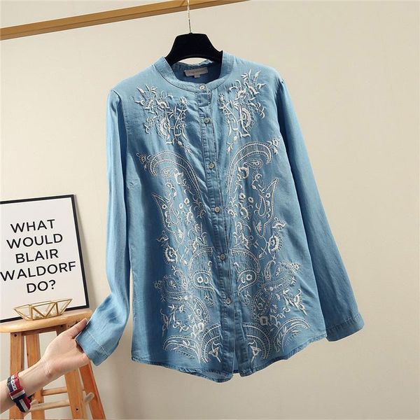 

2020 spring new arts style women long sleeve stand collar loose shirts vintage embroidery cotton denim blouses femme v34, White