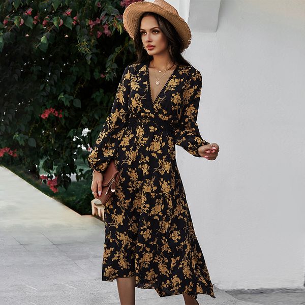 

fashion printed dress 2021 spring and summer new v-neck temperament commute skirt, Black;gray