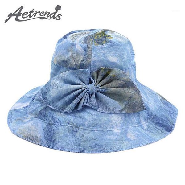 

[aetrends] elegant bow tie england style women's summer hat anti-uv wide brim sun hats for women panama beach casquette z-68781, Blue;gray