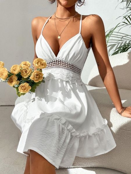 

petite contrast guipure lace tie backless ruffle hem dress s3ag#, Black;gray