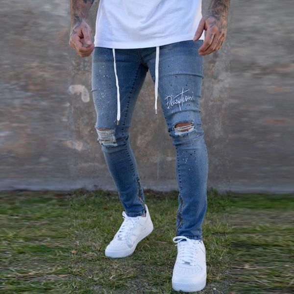 

мужчины slim fit джинсовые брюки соскользнули карандаш джинсовые брюки 2020 хип-хоп проблемные джинсы брюки письма скинни drawstring, Blue