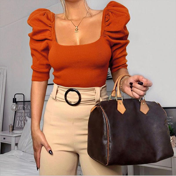 

the new 2020 french court wind pure color five points hubble bubble sleeve square collar t shirt female rib knit coat, White;black