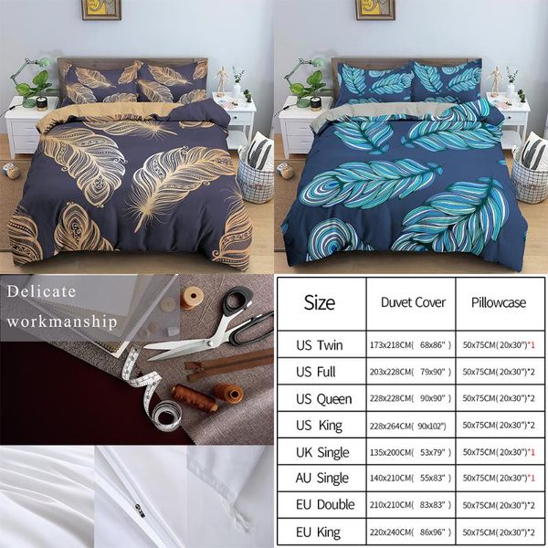 

bedding sets 3d blue feather printed bed falt sheet  king size duvet cover set pillowcase home textile kids luxury
