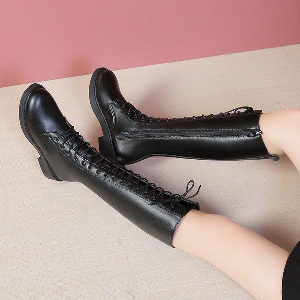 

round toe square heels platform shoes dropshipping fashion lace up zipper autumn boots female womens pu leather knee high boots, Black