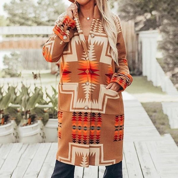 

women's wool & blends brown vintage geometric coat long jacket women elegant wide-waisted 2021 autumn design winter outerwear#3, Black
