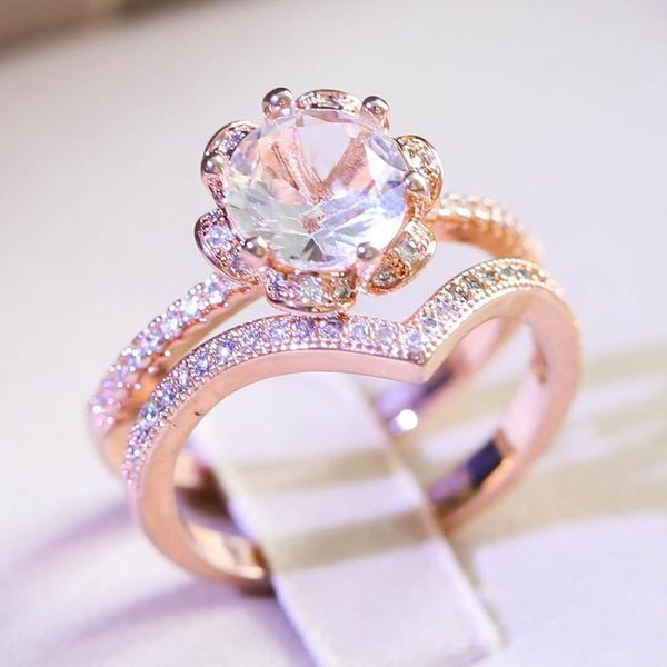 

cluster rings 2pcs luxury pink color large zircon flower shape fashion ring exquisitely carved retro ladies copper wedding / prom jewelry d1, Golden;silver