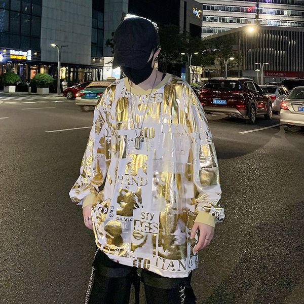 

-autumn 2021 new shirt promoting bright versatile youth gold reflective silver long sleeve hip-hop mybn, Black
