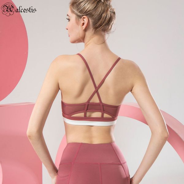

2021 elastic base sports underwear female running beauty back cross strap yoga vest fitness bra, White;red