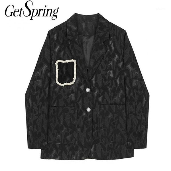 

getspring women blazer pearl patchwork vintage women blazers jackets black casual fashion blazers long sleeve suit coat 2020 new1, White;black