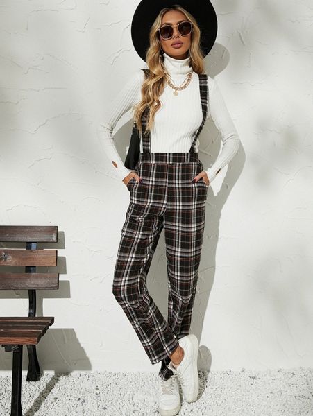 

plaid slant pocket pinafore pants without sweater i3ny#, Black;white