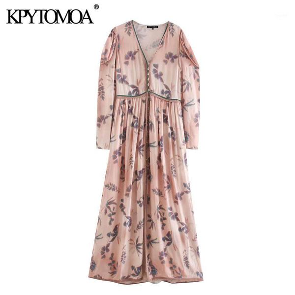 

kpytomoa women 2020 chic fashion printed frayed trims maxi dress vintage v neck long balloon sleeves female dresses vestidos1, Black;gray