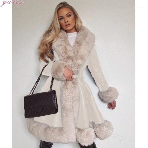 

women's fur & faux women winter pu leanther fux long jacket v-neck tie belt waist lace-up cardigan sleeve casual warm splicing female c, Black