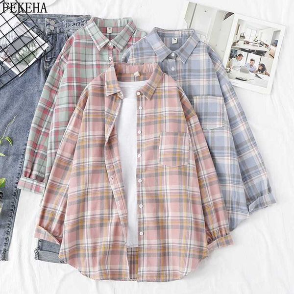 

women blouses and shirt casual plaid shirts loose boyfriend style 100% cotton ladies outwear oversized 201016, White