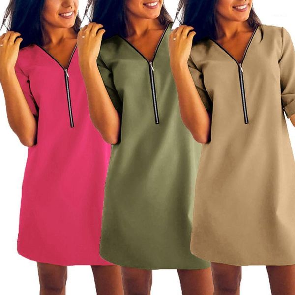 

half sleeve zipper front dress basic v neck sukienka plus size 4xl 5xl women dress simple plain a line mini baggy clothes1, White;black