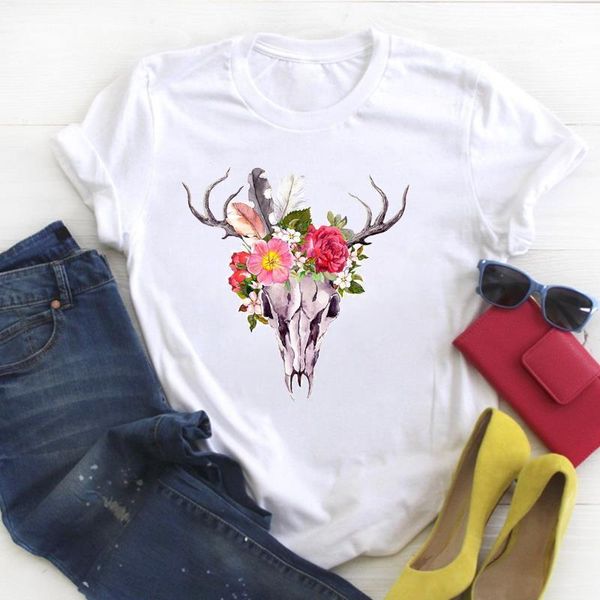 

women skull flower heifer style print short sleeve ladies summer t tee female shirt clothes tshirt womens graphic t-shirt, White