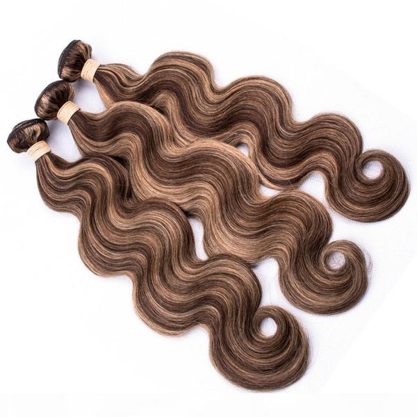 

#4 27 piano color body wave human hair bundles brown highlight mixed with honey blonde piano color brazilian human hair 3bundles lot, Black;brown