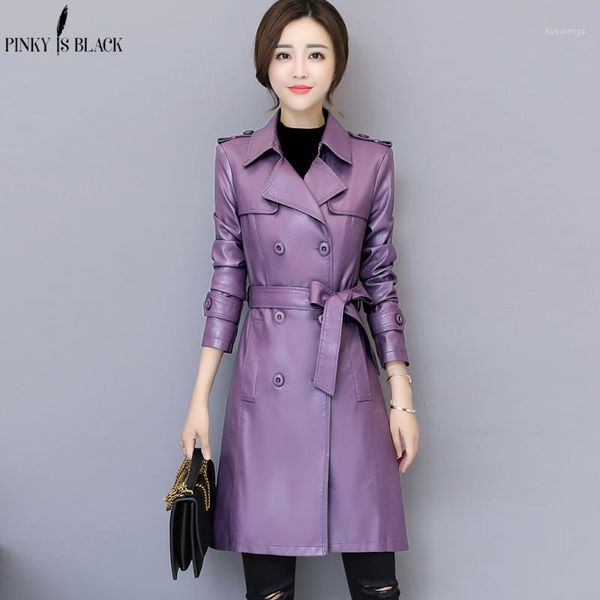 

pinkyisblack new autumn winter jacket womens motorcycle jacket faux leather women double breast slim long trench pu coat1, Black