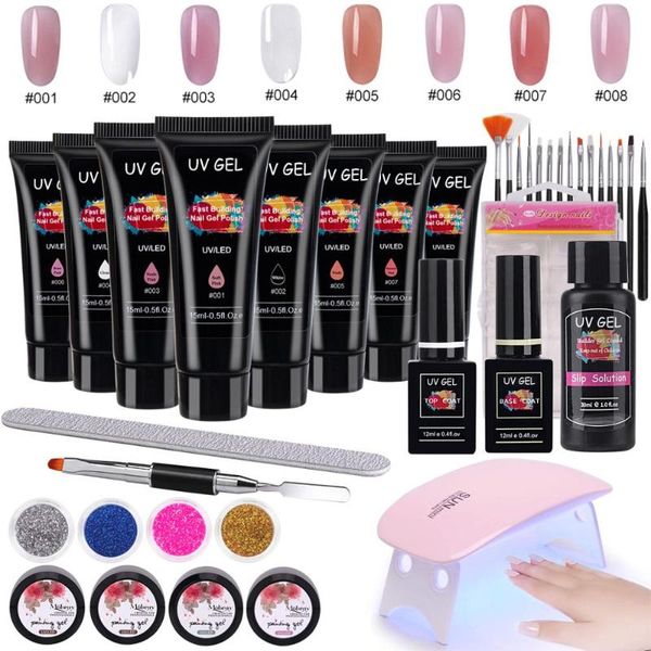 

8 colors poly uv gel set 6w nail dryer acrylic builder nail gel kit jelly camouflage finger extension 15ml soak off uv led, Red;pink