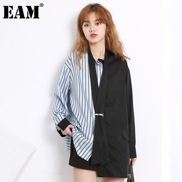 

eam] women blue striped big size blouse new stand collar long sleeve loose fit shirt fashion tide spring autumn 2020 1x739011, White