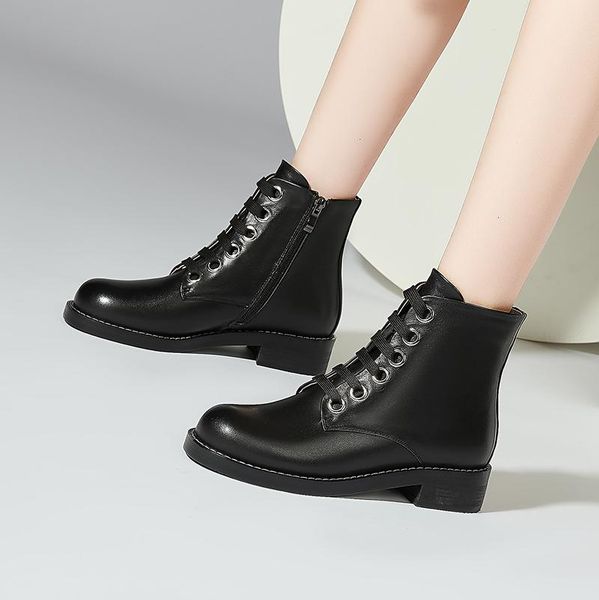 

boots 2021 elegant genuine leather lace up women's autumn winter thick low heels pumps party working shoes woman est, Black