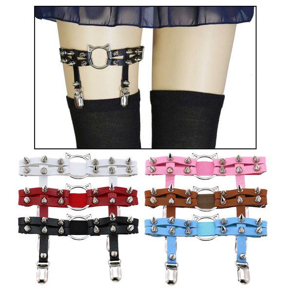 

women elastic leather leg garter belt punk thigh ring gothic harajuku bondage rivet harness suspender strap garters, Black;white