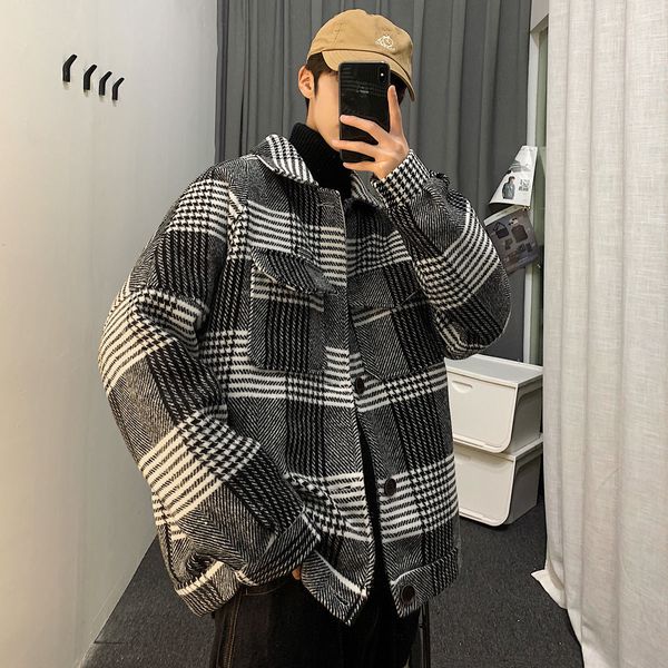 

2021 new privathinker plaid woolen overcoat streetwear men casual windbreaker coats autumn new men's harajuku outerwear 13s9, Black;brown