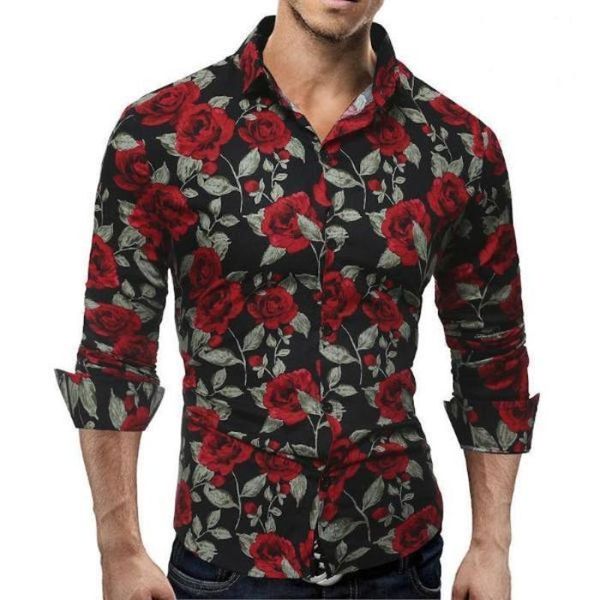 

men's long sleeve casual shirt fashion rose flower 3d printed floral shirt turn-down collar slim fit mens summer shirts, White;black