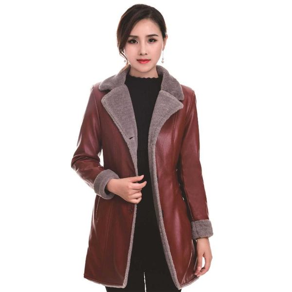

women's leather & faux temperament winter coat women thickened warm jacket pu clothes mid-length, Black