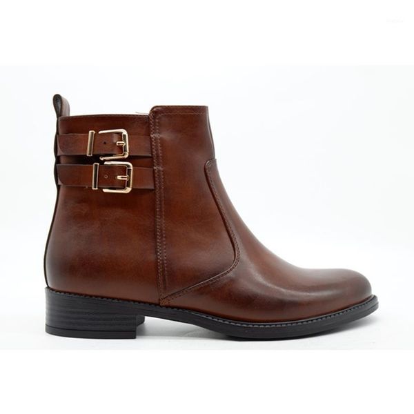

women casual vintage brown leather metal buckles contracted temperament round head cylinder boots thick short boots1, Black